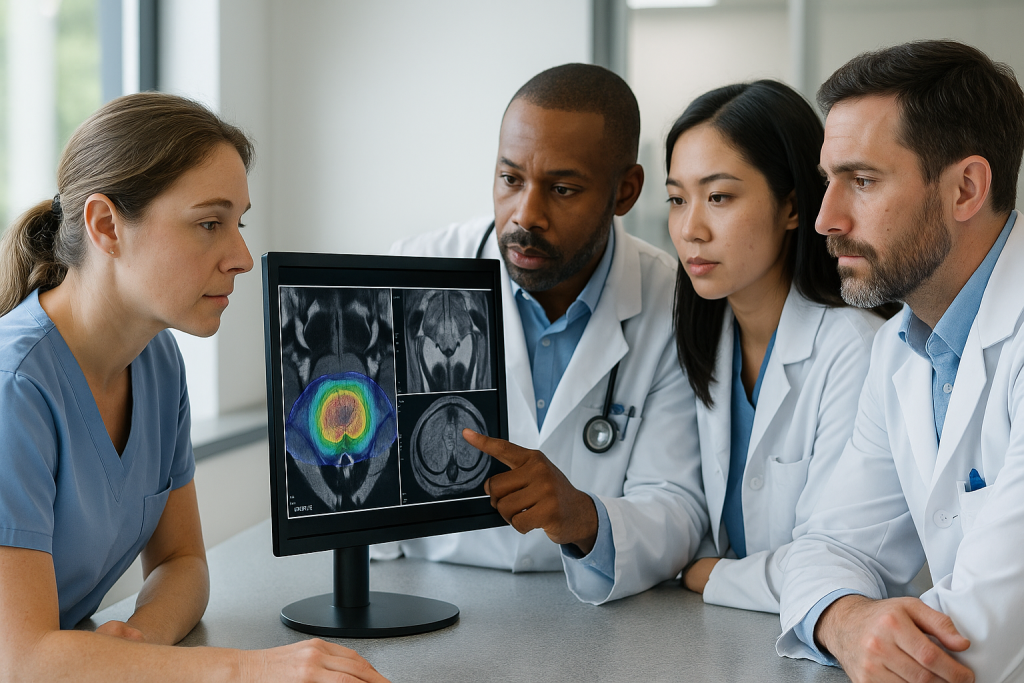 Ärzteteam bespricht Bildgebung zur CyberKnife-Planung bei Prostatakrebs