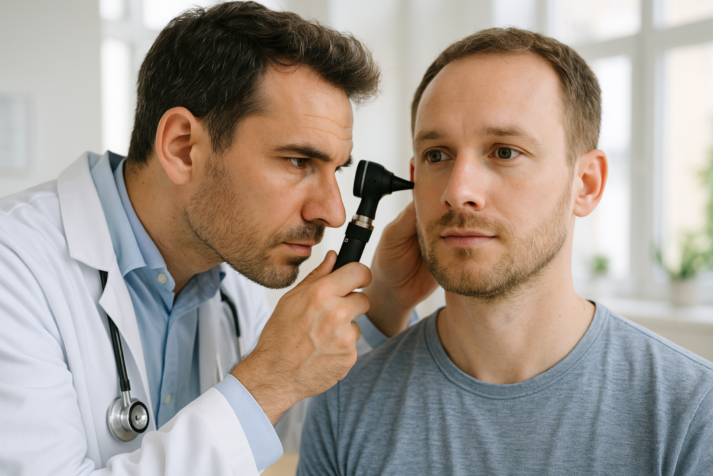 Ärztin untersucht das Ohr eines Patienten mit einem Otoskop