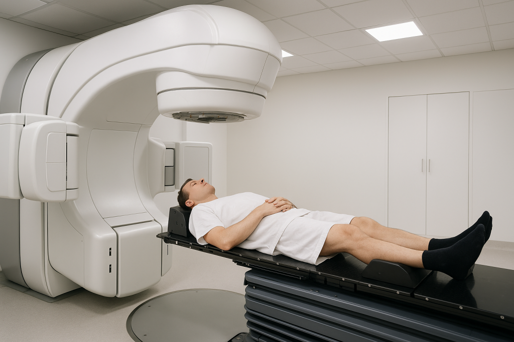 Bestrahlungsraum mit moderner Strahlentherapieanlage und Patient auf der Liege