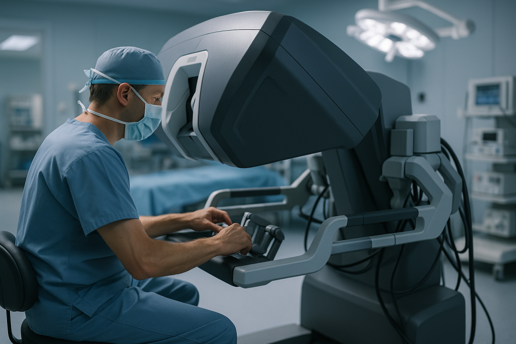 Chirurg steuert eine roboterassistierte Operation an der Konsole