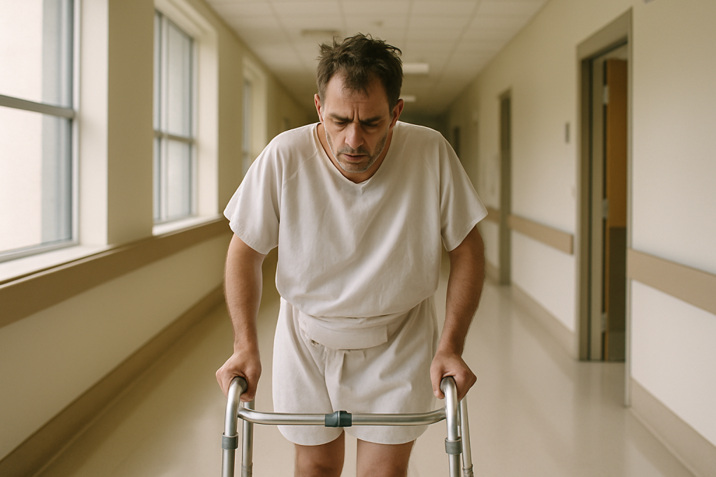Mann geht vorsichtig nach einer Prostata-Operation im Krankenhaus