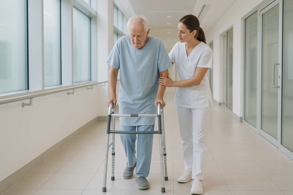 Patient bei der ersten Mobilisation nach neurochirurgischer Operation