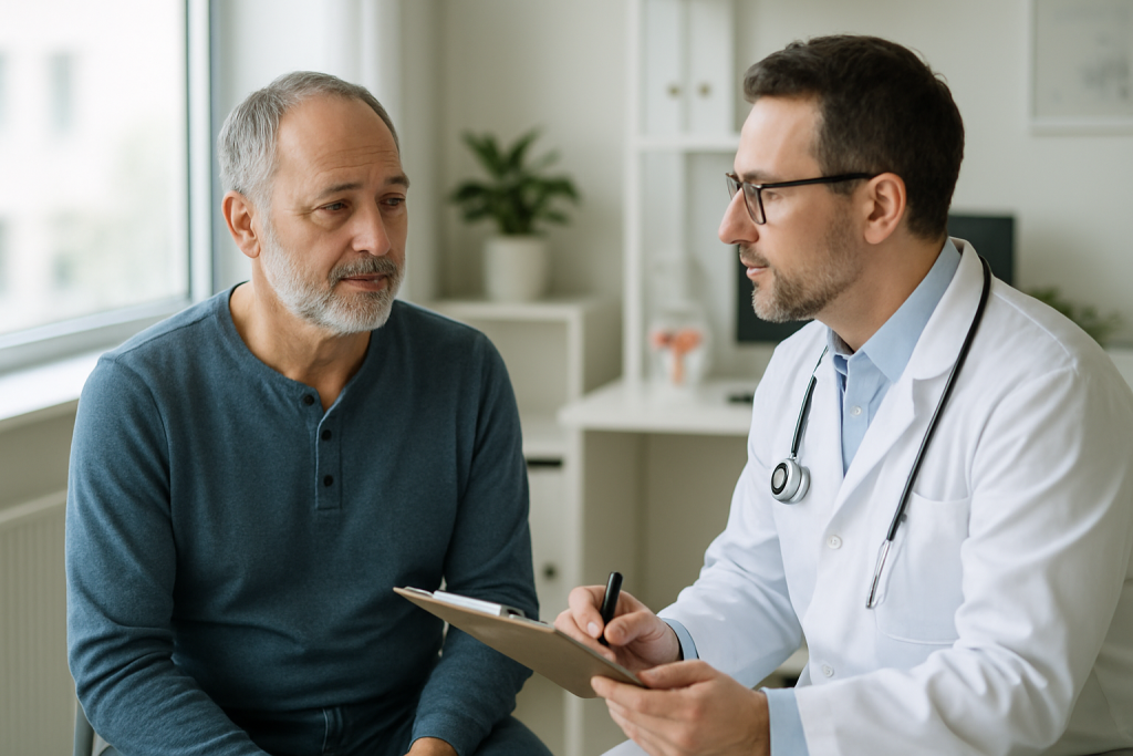 Patient bespricht die Erholung nach einer Prostata-OP mit einem Urologen