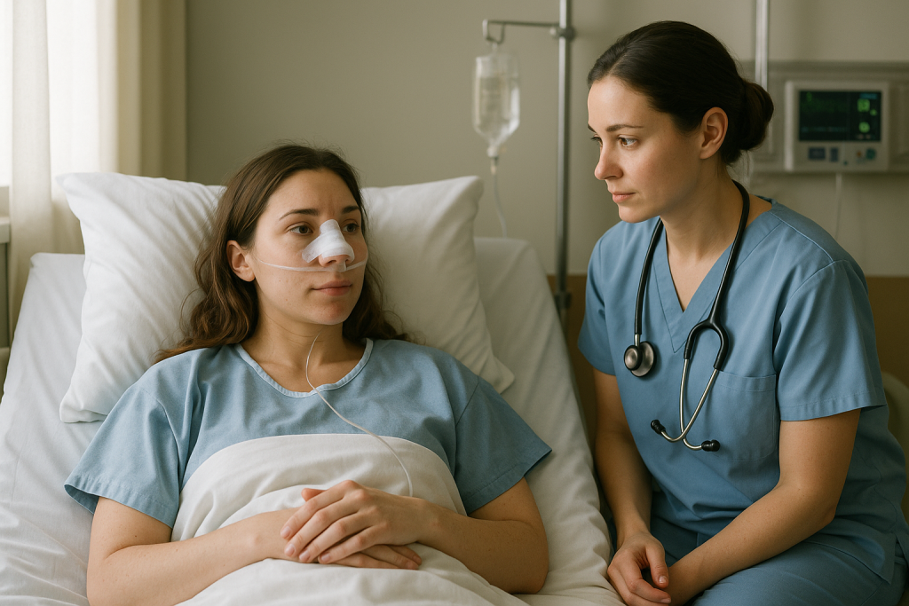 Patient erholt sich nach einer Nasenscheidewand-OP im Klinikzimmer