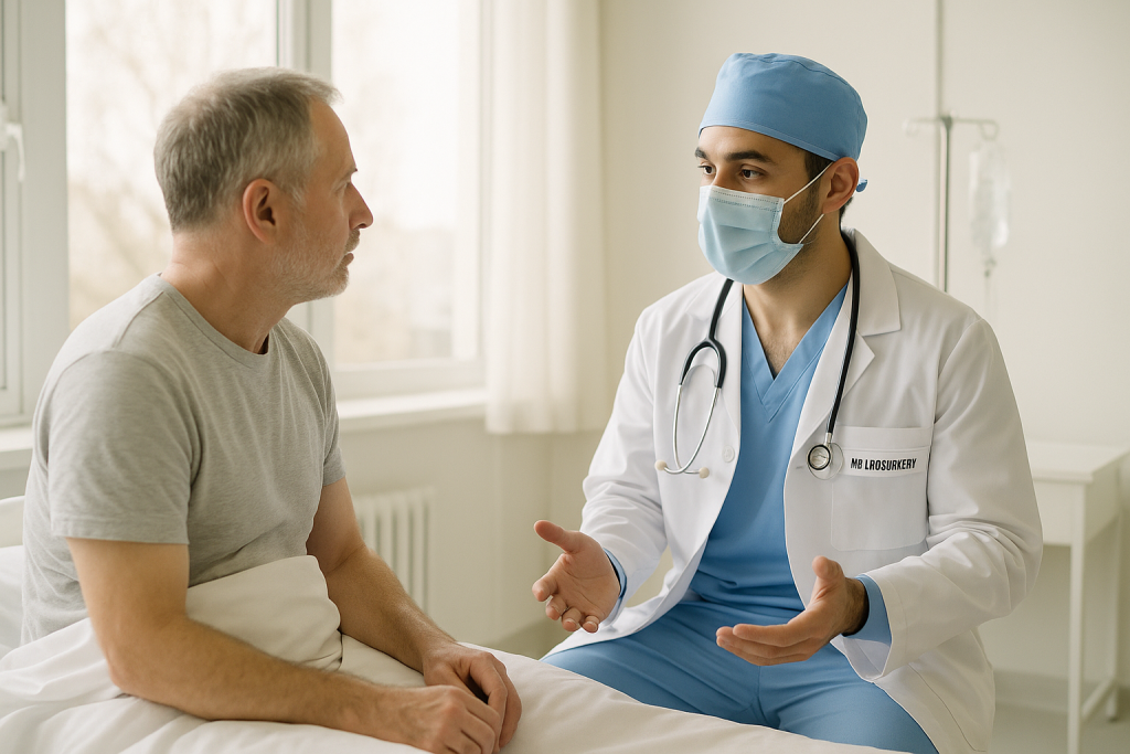 Patientin im Gespräch mit Neurochirurgin im Krankenhauszimmer