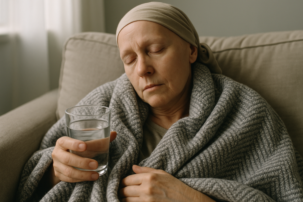 Patientin ruht sich zu Hause nach der Bestrahlung aus