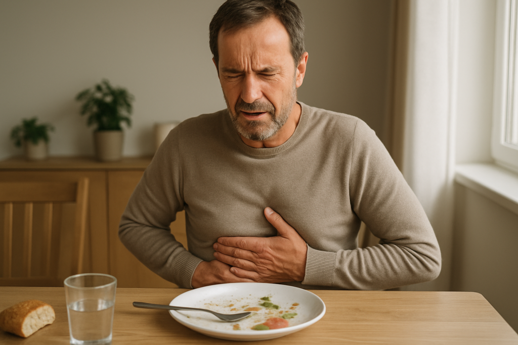 Person hält sich nach dem Essen den Oberbauch