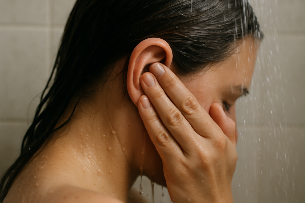 Person schützt das Ohr beim Duschen vor Wasser