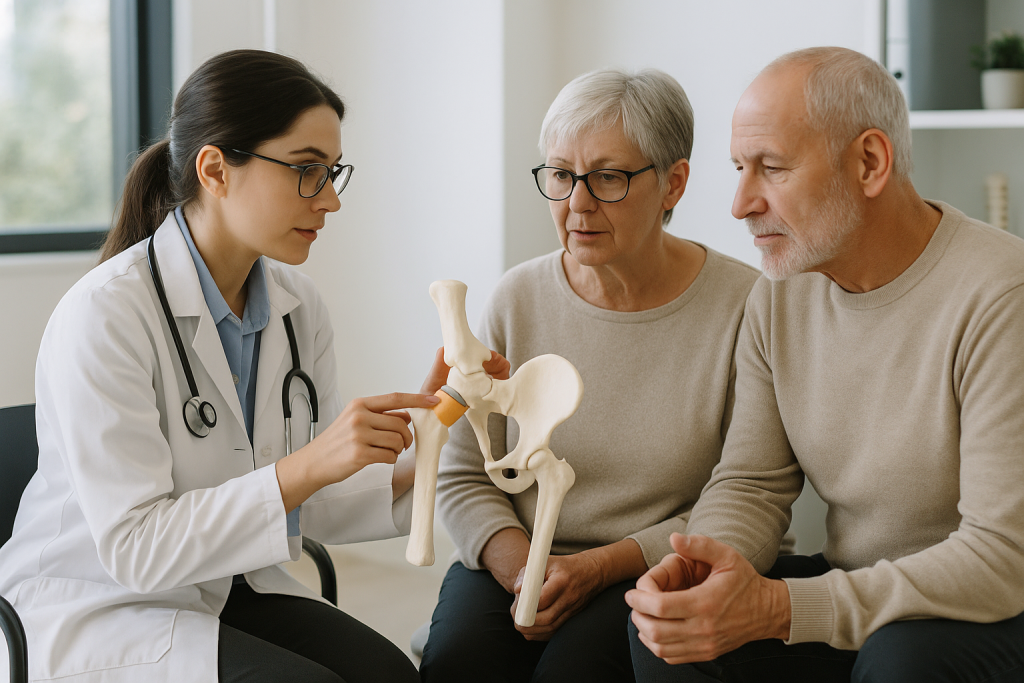 Ärztin erklärt Patientin und Angehörigem ein Modell eines künstlichen Hüftgelenks.