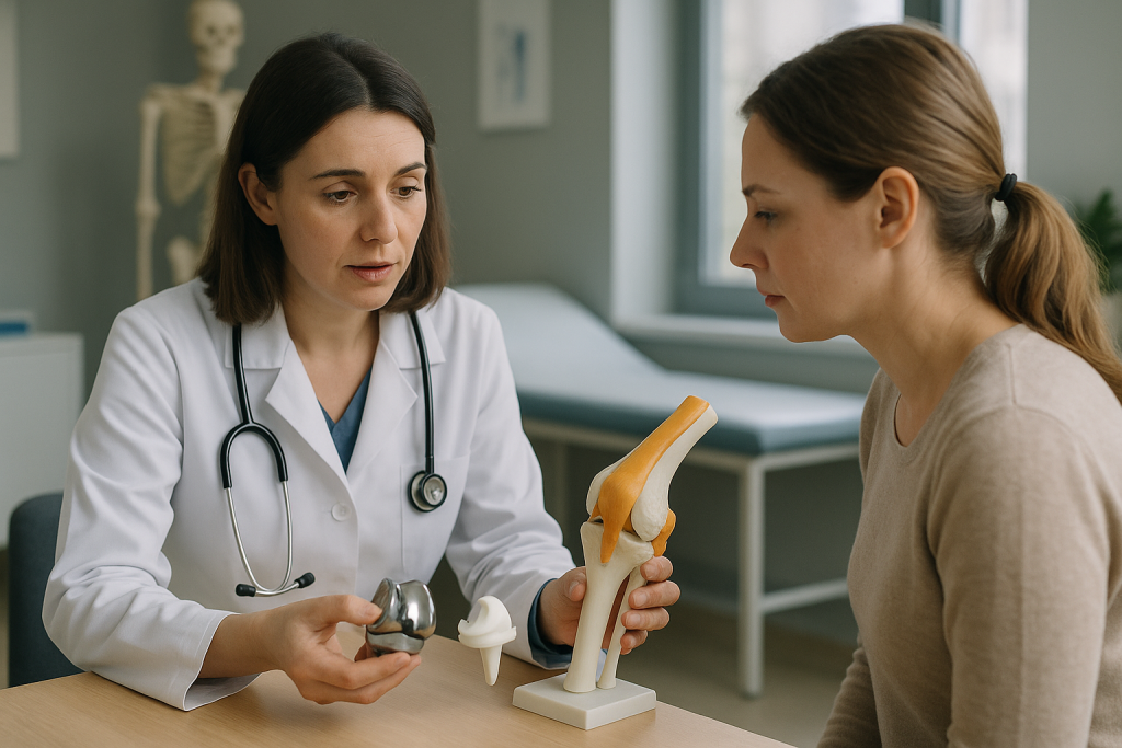 Orthopädin erläutert einer Patientin anhand eines Kniegelenkmodells Prothesenoptionen.