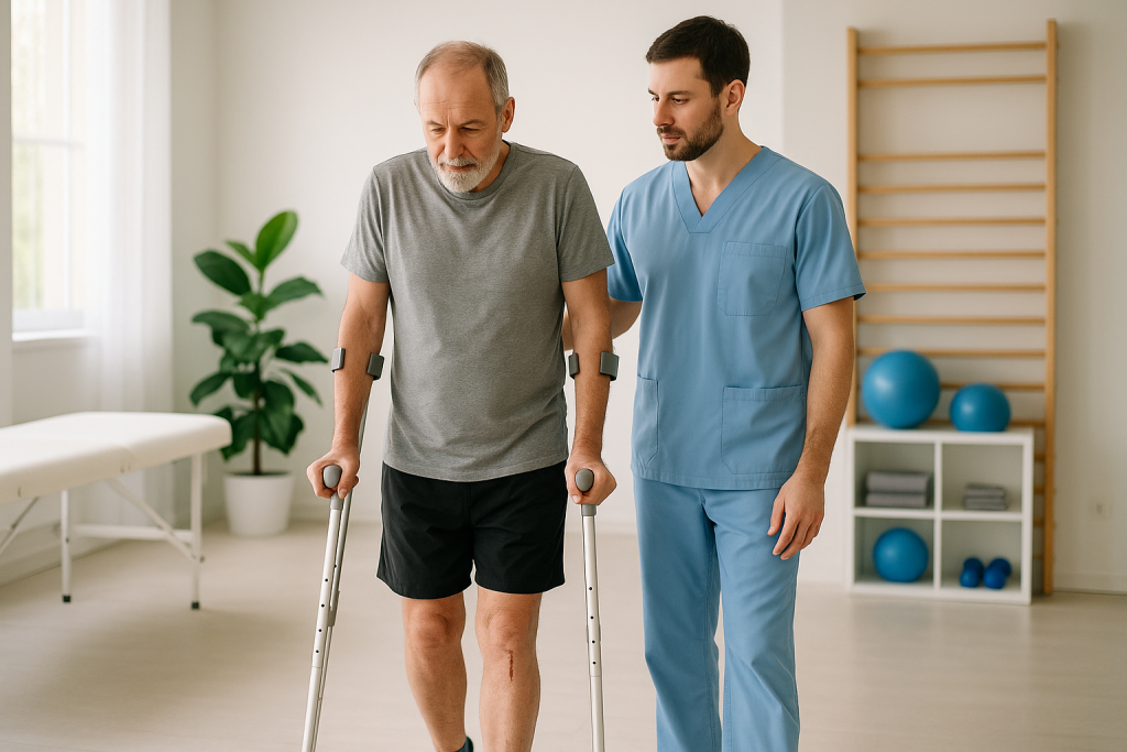 Patient bei einer begleiteten Gangübung in der Rehabilitation nach Gelenkersatz.