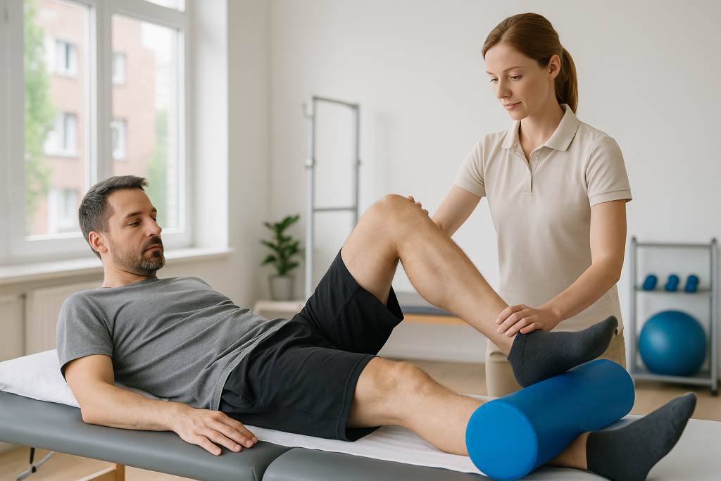 Patientin trainiert nach einer Knieoperation mit physiotherapeutischer Anleitung.